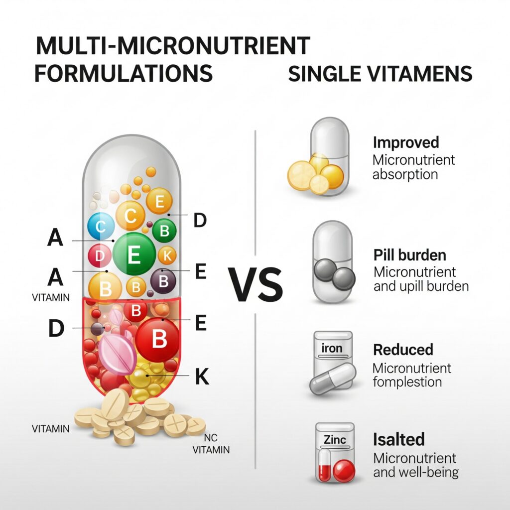 Vergleich zwischen Multi-Mikronährstoffformulierungen und Einzelvitaminen, einschließlich der Vorteile wie verbesserte Nährstoffaufnahme und reduzierte Pillenlast.