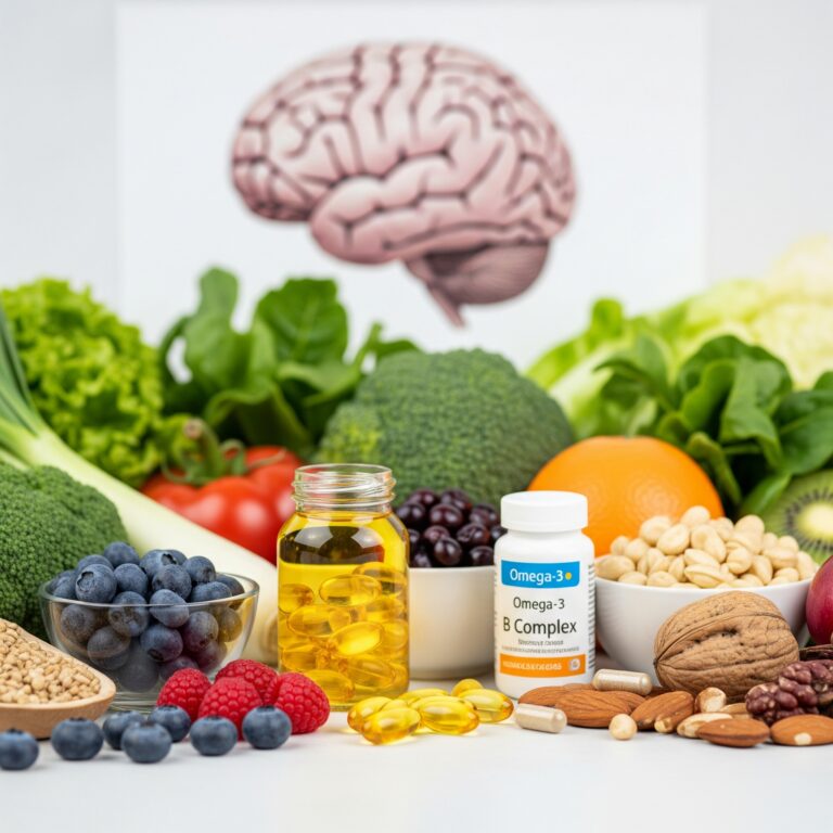 Eine vielfältige Auswahl an Lebensmitteln und Nahrungsergänzungsmitteln zur Förderung der Gehirngesundheit, einschließlich Obst, Gemüse und Omega-3-Kapseln.