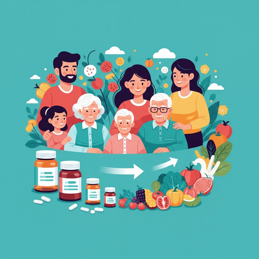 Illustration einer Familie mit Senioren und verschiedenen Medikamenten, umgeben von Obst und Gemüse, die gesunde Lebensweise symbolisieren.