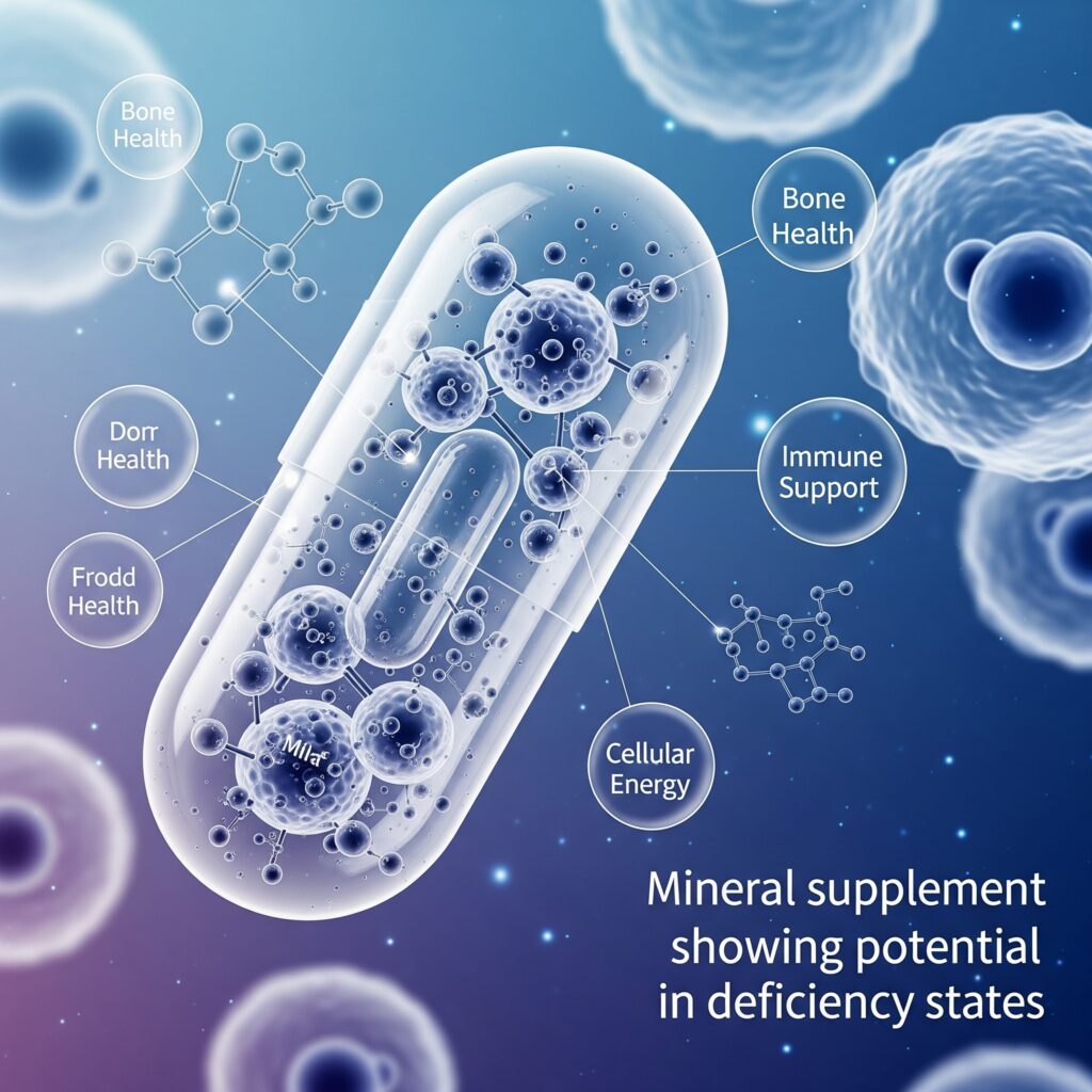 Illustration einer Kapsel mit Molekülen, die verschiedene Gesundheitsvorteile wie Knochen- und Zellenergie unterstützen.